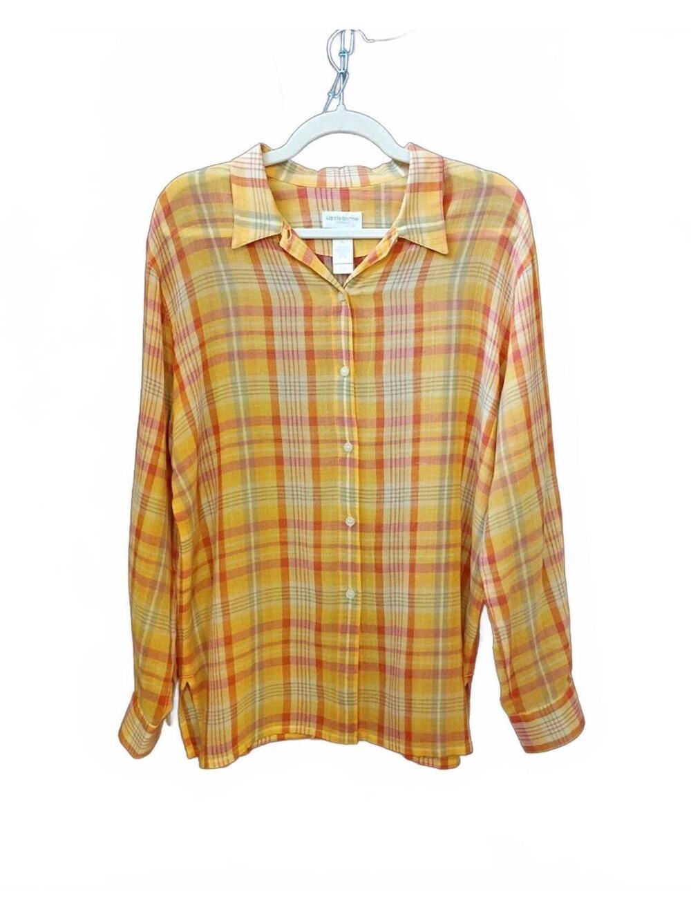 Liz Claiborne Yellow Orange Plaid Button-Up Shirt Size L